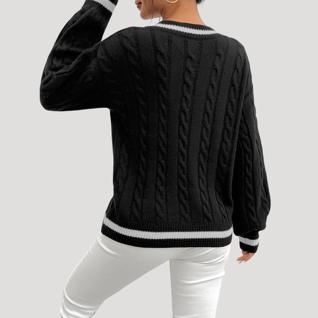 Women's V Neck Cable Knit Jumper with Contrast Trim 6