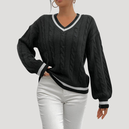 Women's V Neck Cable Knit Jumper with Contrast Trim 7